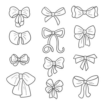 Set of tied bows in doodle style. Outline festive bow in various shapes. Easy to change color inside of objects.