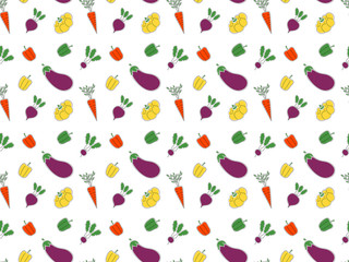 Seamless pattern of contour vegetables drawn in one line on a white background. Carrots, bell peppers, radishes, beets, squash, eggplant with colored substrates. Stylish crop texture. Vector.
