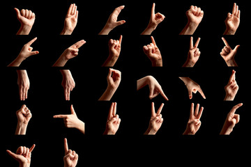 Finger Spelling the Alphabet in American Sign Language (ASL). Set of woman showing alphabet on...
