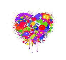 Grunge vector abstract rainbow heart drawing with colorful splashes and paint drips isolated on white background.Love symbol in graffiti style.Greeting card for Valentine`s day.Explosion of feelings.