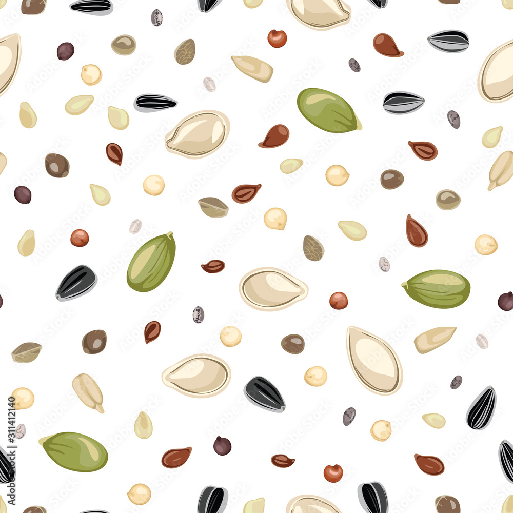 Wall mural Different seeds on a white background seamless pattern. Vector illustration of Sunflower, pumpkin, sesame, flaxseed, quinoa and hemp seeds in cartoon flat style. Organic natural food.