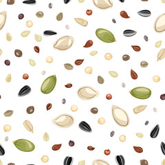 Different seeds on a white background seamless pattern. Vector illustration of Sunflower, pumpkin, sesame, flaxseed, quinoa and hemp seeds in cartoon flat style. Organic natural food.