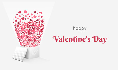 Happy Valentine's Day Greeting Card. Gift Box with love fly hearts. Stock Vector Illustration.