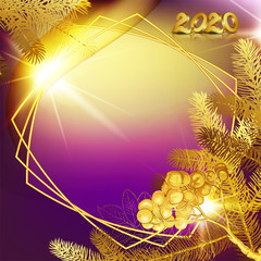 2020, the inscription-Happy New year and Christmas. Gold numbers with reflection on a purple background with fir branches, Rowan berries, stars. Suitable for calendar, decorative greeting card