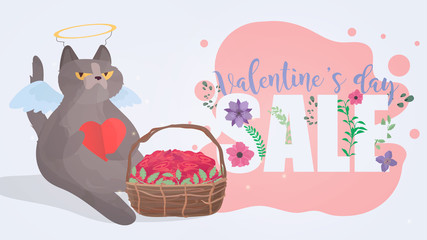 Valentine's day sale. Valentine's Day celebration. Flower font. Funny gray cat in the image of a cupid. A cat with a serious look. Chubby cat with an arrow. Concept for the day of lovers. Vector 