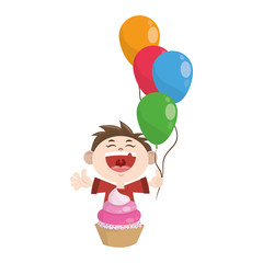 cartoon happy boy with balloons and cupcake icon
