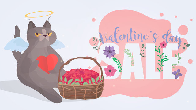 Valentine's day sale. Valentine's Day celebration. Flower font. Funny gray cat in the image of a cupid. A cat with a serious look. Chubby cat with an arrow. Concept for the day of lovers. Vector 