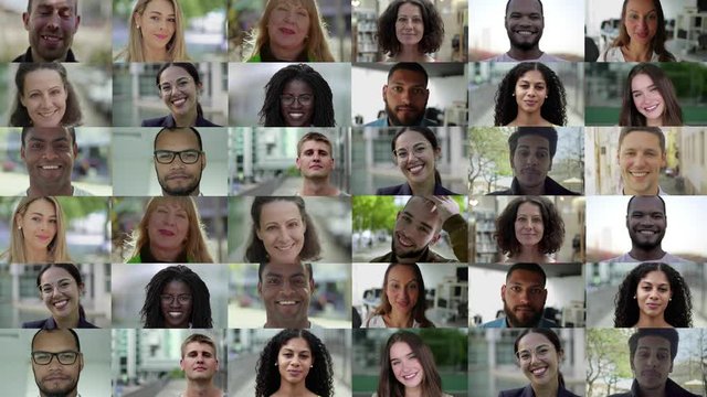 Collage of happy people looking at camera. Multiscreen montage of cheerful men and women posing and smiling at camera. Facial expression concept