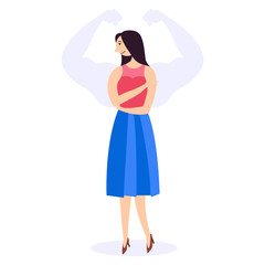 Weak woman with a silhouette of muscular arms. Strength and ability of women. International Women's Day. Feminism and gender equality. Vector editable illustration