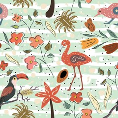 Flamingo, Toucan and kiwi bird. Exotic Bird Seamless Pattern. Vector illustration