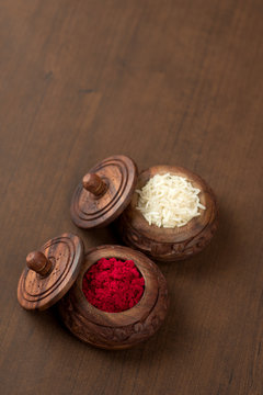 Kumkum and rice grain container. Natural color powders are used while worshipping God and an at auspicious occasions.