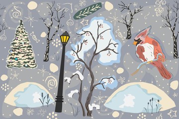 Cute Winter Background with Lovely Bird and Christmas Tree, pastel blue background with different doodles.