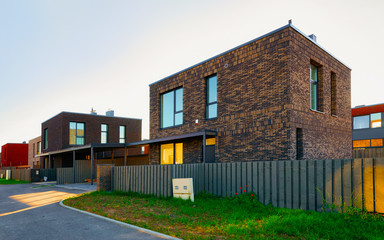 Apartment in residential building exterior. Housing structure at blue modern house of Europe. Rental home in city district on summer. Architecture for business property investment, Vilnius, Lithuania.