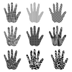 Set of black handprints with different textures. Vector illustration.