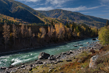 Russia. mountain Altai. Late autumn on the Chuya river along the Chuya tract.