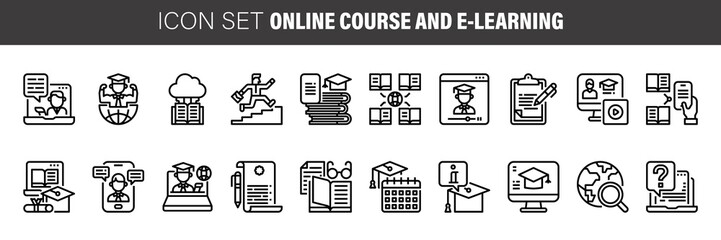 Webinar and online education icons. Vector set of thin line training courses symbols or logo elements.