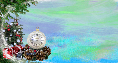 Holiday card with Christmas toys and a place to congratulate. Merry Christmas and happy New year in the form of a banner for a website or blog.