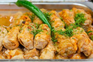 Romanian traditional food – Sarmale. Stuffed cabbage rolls with meat and rice