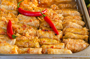 Romanian traditional food – Sarmale. Stuffed cabbage rolls with meat and rice