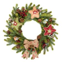 Fototapeta na wymiar Traditional rustic Christmas wreath on white background