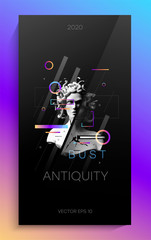 Creative art poster with antique bust. The design consists of an Antique Bust of the Gorgon Medusa, gradient circles and lines, and a small amount of typography.
