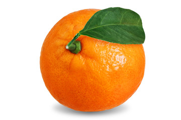 Tangerine fruit with slices, peel and leaves on a white isolated background