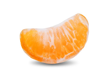 Tangerine fruit with slices, peel and leaves on a white isolated background