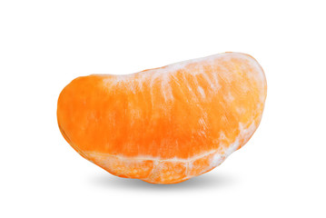 Tangerine fruit with slices, peel and leaves on a white isolated background