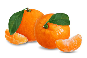 Tangerine fruit with slices, peel and leaves on a white isolated background