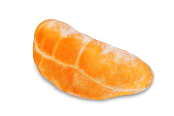 Tangerine fruit with slices, peel and leaves on a white isolated background