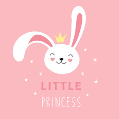 Cute face of a white rabbit, bunny, little princess. Vector cartoon illustration on a pink background, print for t-shirt, greeting card.