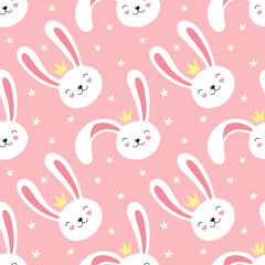 Cute white rabbit, bunny, seamless pattern, little princess. Girlish print for textiles, wrapping, fabric, wallpaper. Vector illustration for children.