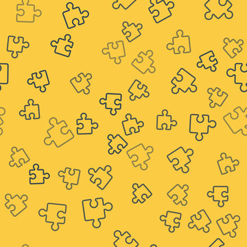 Blue line Piece of puzzle icon isolated seamless pattern on yellow background. Modern flat, business, marketing, finance, internet concept. Vector Illustration