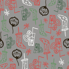 Hand Drawn Seamless Pattern with Christmas Elements.