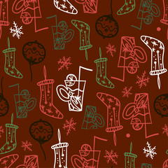 Hand Drawn Seamless Pattern with Christmas Elements.