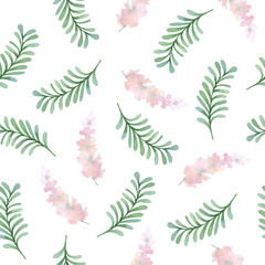 Fototapeta na wymiar Floral watercolor seamless pattern on white background for design and decor, in fabric and paper production.