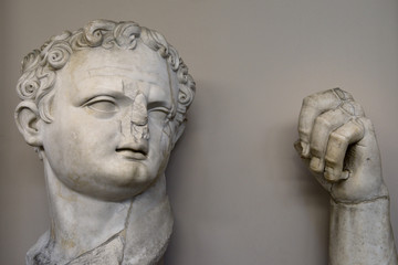 Ruined sculpture of head and hand of Roman Emperor Domitian at Ephesus Museum Turkey