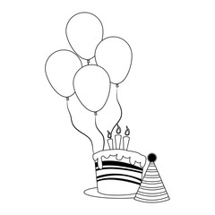 party balloons with birthday cake and hat icon, flat design