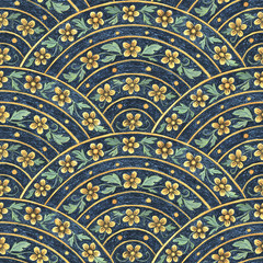 Seamless wavy floral pattern in saigaha style. Decorative flowers drawn by pencil in hand. Vintage old print for textiles.