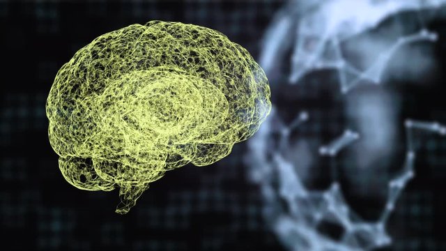 Concept of technologies and intelect. Plexus planet and brain from space dust particles over gridded digital background.