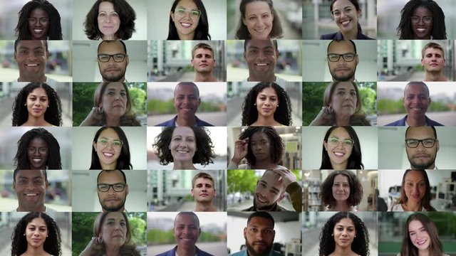 Confident diverse people smiling at camera. Split screen collage of various multiethnic men and women standing and looking at camera. Emotion concept