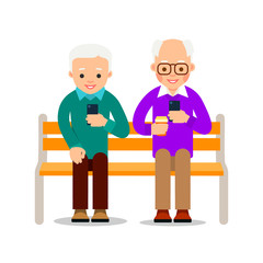 Old men with phone. Grandfather and elderly man are sitting on bench and smiling read messages in smartphone.  Happy retirement. Cartoon illustration isolated on white background in flat style