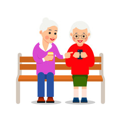 Fototapeta premium Old women with phone. Grandmother and elderly woman are sitting on bench and smiling read messages in smartphone. Happy retirement. Cartoon illustration isolated on white background in flat style