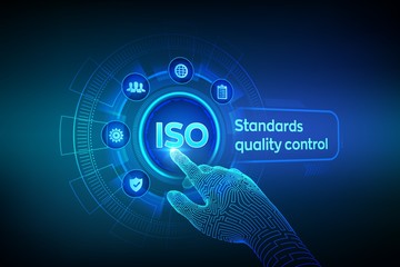 ISO standards quality control assurance warranty business technology concept. ISO standardization certification industry service concept. Robotic hand touching digital interface. Vector illustration. - obrazy, fototapety, plakaty