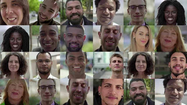 Collage of diverse people looking at camera. Multiscreen montage of various multiethnic men and women smiling and looking at camera. Emotion concept