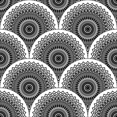 Abstract mandala fish scale seamless pattern. Ornamental tile, mosaic background. Floral patchwork infinity card. Arabic, Indian, ottoman motifs. Vector illustration.  © _aine_