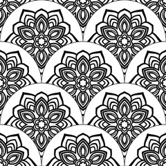 Fototapeta na wymiar Abstract mandala fish scale seamless pattern. Ornamental tile, mosaic background. Floral patchwork infinity card. Arabic, Indian, ottoman motifs. Vector illustration. 