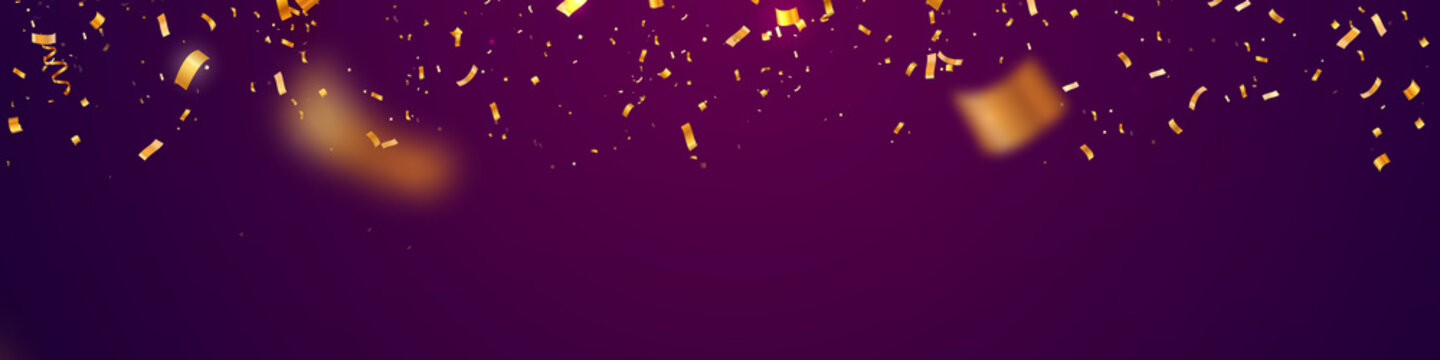 Golden flying confetti with blur motion effect on purple super wide background . Template for Holiday vector illustration web banner