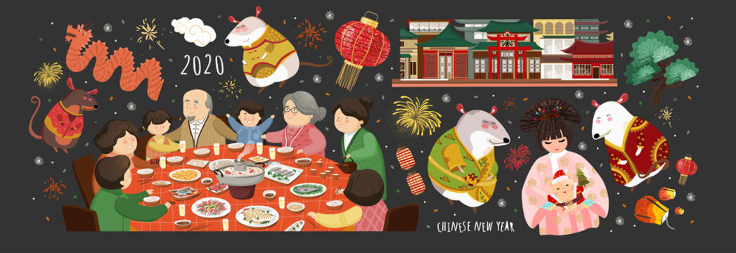 Happy Chinese New Year! 2020 Is The Year Of The Rat. Vector Cute Illustration Of Asian Mice, Korean People,family At The Table, House  For The Holiday. Isolated Objects For Card, Background Or Poster.