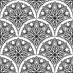 Abstract mandala fish scale seamless pattern. Ornamental tile, mosaic background. Floral patchwork infinity card. Arabic, Indian, ottoman motifs. Vector illustration. 